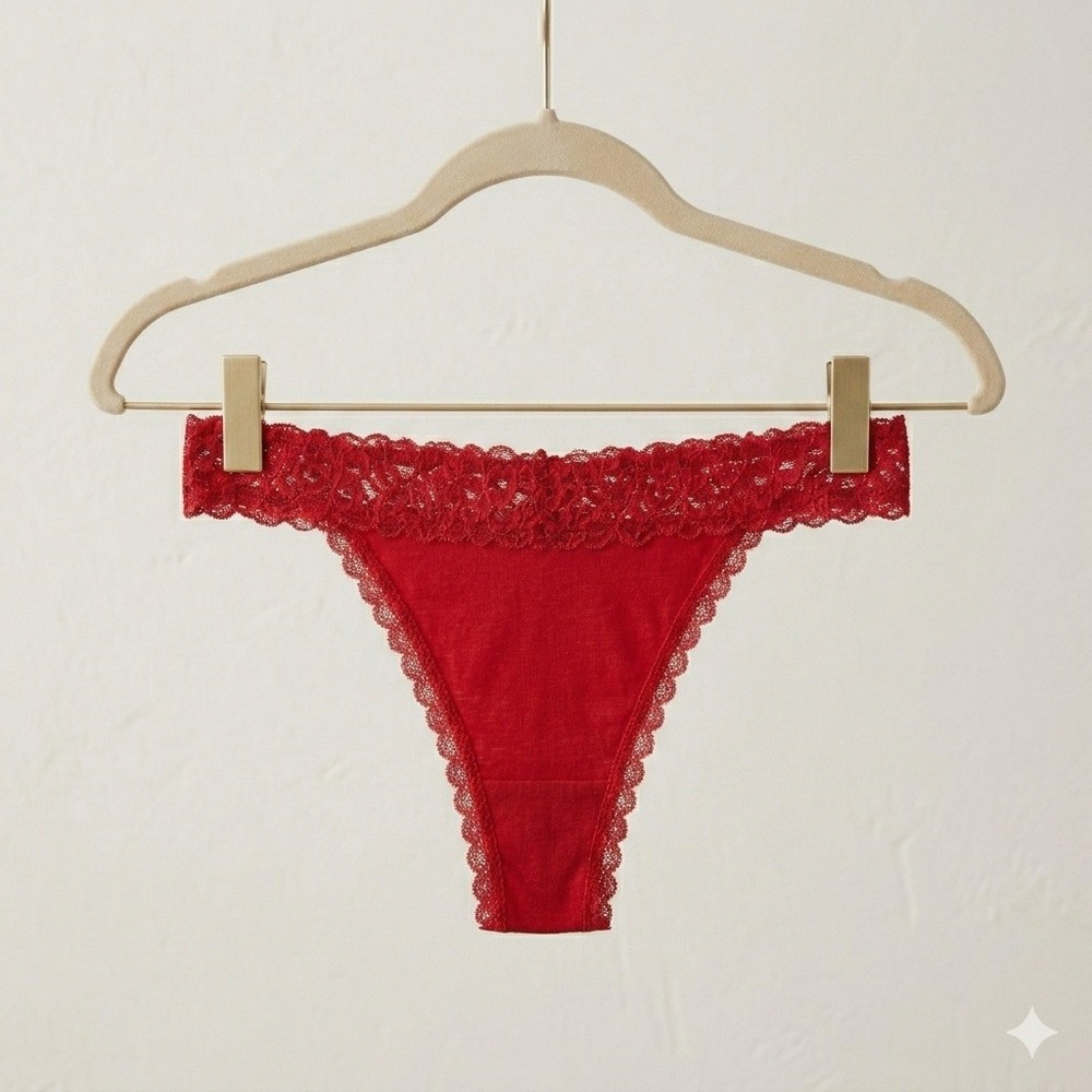 State of Day Intimates Womens Small Tango Red Cotton Modal Lace Trim Thong NWT
